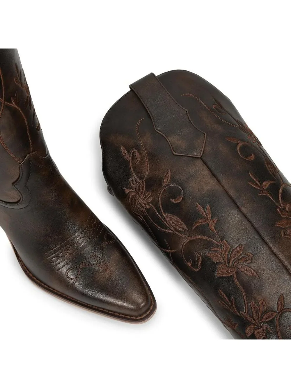 Women's Knee High Cowgirl Boots Vintage Brown Retro Embroidered Chunky Heels - Picture 5 of 6